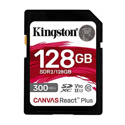 Kingston Tarjeta de memoria SDXC Canvas React Plus de 128 GB UHS-II 300R/260 W U3 V90 para Full HD/4K/8K, SDR2/128 GB