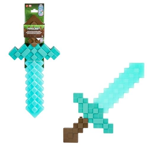 Mattel Minecraft Espada de Diamante encantada, Accesorio para Jugar a Juegos de imitación y disfrazarse, Luces y Sonidos Que se activan con un botón, diseño pixelado, JGC43