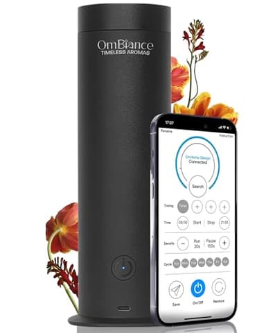 Ombiance - Difusor de Aromas y Aceites Esenciales Profesional | Controlado por Aplicación | Humidificador y Purificador Aire | Absorbe Olores | Regalo Ideal, Negro, 300m3, Aluminio