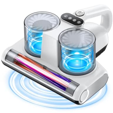 Aspiradora Antiacaros Aspirador Colchones con Luz UV y Ultrasónica 16KPa de Succión Calentamiento Cepillo Giratorio Filtro HEPA Aspirador de Acaros Elimina Alérgenos para Alergias 500W Cable Blanco