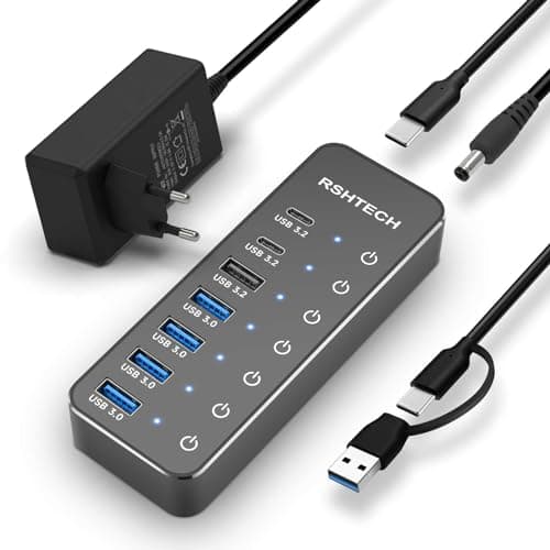 Hub USB Alimentado, RSHTECH Hub USB 3.2/USB C de 7 Puertos con 3 * 10Gbps Puertos Datos (USB-A, 2*USB-C), 4 * 5Gbps Puertos USB 3.0, Interruptor Táctil, Cable Datos 2 en 1(100cm), 5V/3A, RSH-ST07C