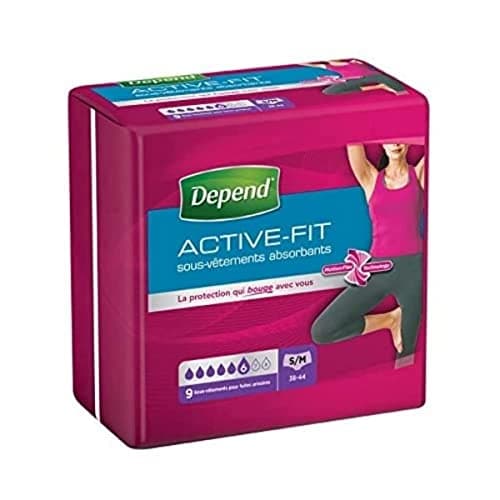 Depend Active Fit - Ropa interior para mujer, 6 gotas para fugas urinarias/incontinencia x 9 bragas, talla S/M