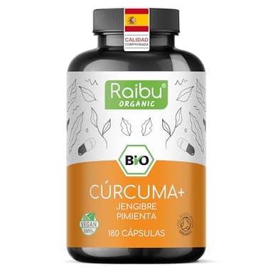 Cúrcuma con Jengibre y Pimienta Negra Orgánicas (180 Cápsulas, 1500 mg por Unidad) – Cúrcuma en Cápsulas - Alto Contenido de Curcumina & Sin Aditivos – Hechas en Europa - Raibu