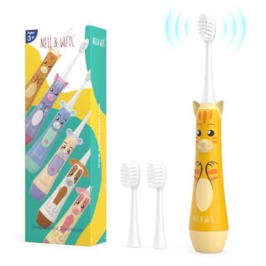 NELL&WELL Cepillo de dientes eléctrico para niños, temporizador de 2 minutos, 3 modos con memoria, impermeable IPX 7, cepillo de dientes para niños con 3 cabezales de cerdas suaves para niños y niñas