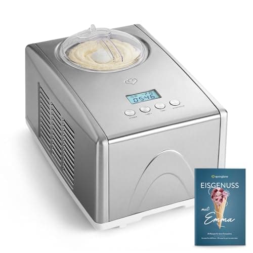 SPRINGLANE Máquina para hacer helados caseros EMMA, Ice cream maker, Heladera con compresor 1,5 l, recipiente extraíble y pantalla LCD + Libro de recetas