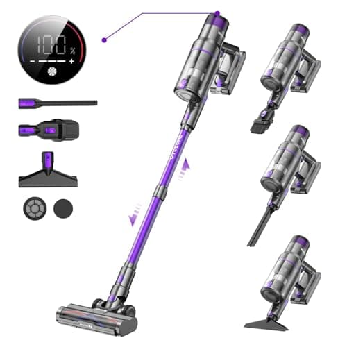 Vistefly V15s MAX Aspiradora sin Cable, 580W 45Kpa Aspirador Escoba Potente 8 en 1 con Pantalla Táctil, Autonomía 70 Mins Modo Automático y Antienredos, para Suelo Alfombras Pelos Animales