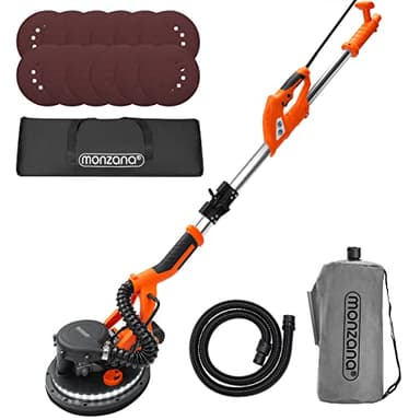 MONZANA® Lijadora Eléctrica de Paneles de Yeso 750W Pulidora de Obra Seca 1750 Rpm 12 Discos Lijadores Bolsa de Aspirado Luz LED