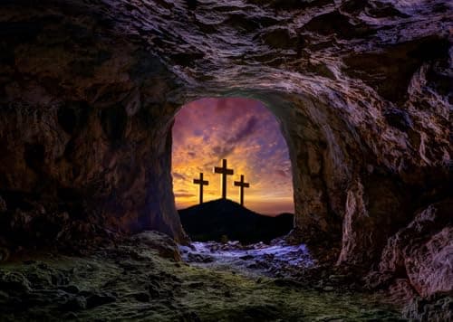 CORFOTO 1.5x1.2m Fondo de la Cruz de la crucifixión Fondo fotográfico de la resurrección de Jesucristo Fondo de la Tumba vacía Banner religioso de la Iglesia de la resurrección