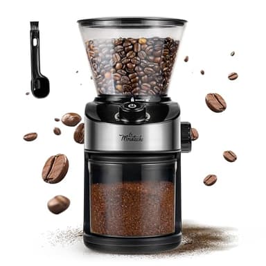 La Moustache - Molinillo de Café Eléctrico 200W con Mecanismo Plano de Acero Inoxidable 190g | 25 Grados de Molido【Bajo Ruido】Contenedor Transparente, Temporizador y Cepillo (GrindMaster Black)
