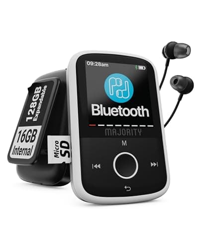 Reproductor MP3 Bluetooth con Clip Deportivo | Auriculares con Cable iIcluidos | Memoria Interna de 16 GB, Ampliable hasta 128 GB | Batería con 34 Horas de Duración | SD y USB-C | MAJORITY MP3 GO