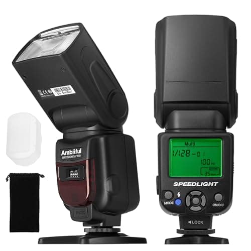 AMBITFUL AF970 Camera Flash Speedlite para Canon, Nikon, Sony, Olympus, Fuji Panasonic, flash inalámbrico 2.4G, tiempo de reciclaje 0.1 – 2.5s, cabezal flash ajustable con panel LCD y zapata de
