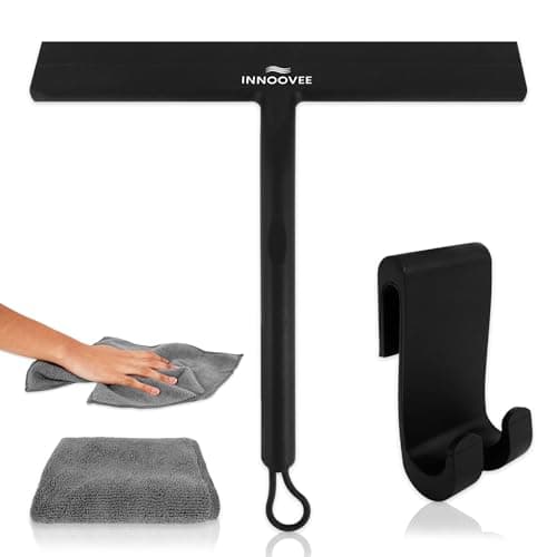 INNOOVEE Rasqueta Limpiacristales de Silicona para Baño, Limpia Cristales para Ducha con Gancho para Colgar, Limpia Mamparas Ducha Cristal, Rasqueta Limpiacristales Ducha en Negro 21 cm, Sin Rayas