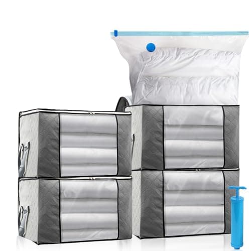 Leavans 4 Piezas Cajas Almacenaje Ropa,4 Bolsas de Almacenaje al Vacío y 1 Bomba,Organizador Ropa Plegable,Caja Almacenaje Ropa con Asa Reforzada para Guardar Ropa,Edredones,Mantas