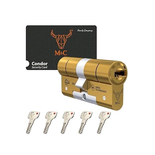 M&C Bombillo Condor Cilindro Cerradura Alta Seguridad Anti Topolino Leva Larga Doble Embrague Máxima Seguridad SKG 3 Estrellas 32x32mm Anti Bumping Resistente Taladro Dorado 5 Llaves Incluidas