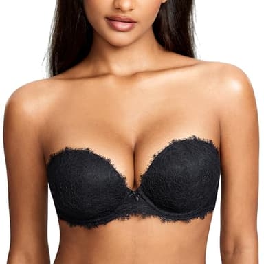 DOBREVA Sujetador de Encaje Push Up sin Tirantes para Mujer con Aros y Relleno Negro 85B
