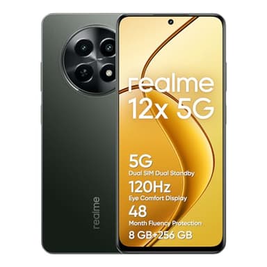 realme 12x 5G Smartphone 8+256 GB, Cámara con IA de 50 MP, Duales 5G, Protección de soltura TÜV SÜD de 48 Meses, Display de 120 Hz, NFC de 360°, Gran batería de 5000 mAh, Glowing Black(no Adapter)