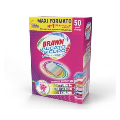 Brawn Lavado Seguro Toallitas Atrapacolor, Con Agentes Inhibidores Captura Tintes y Colores, Paquete de 50 Toallitas