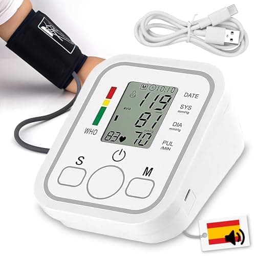Maxter Tensiometro de Brazo Digital con VOZ en ESPAÑOL ON/OFF y Cable USB 1m - Medidor Tension Arterial y Frecuencia Cardíaca - Monitor de Presión Arterial con Manguito y Memoria 2x99 - Uso Doméstico