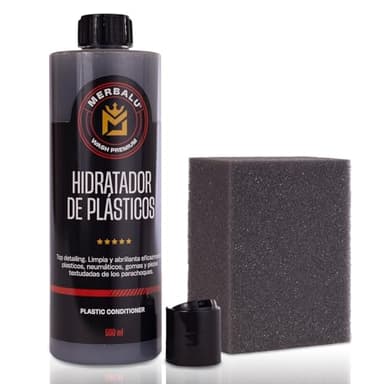 MERBALU Renovador plasticos coche Abrillantador de neumaticos Hidratador de plasticos coche y moto. Hidratador de gomas coche. Protector y brillo. Con aplicador.