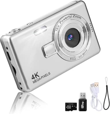 Cámara digital – 1080P FHD 44MP con pantalla LCD de 2.4 pulgadas, cámara de fotos compacta portátil con tarjeta SD de 32 GB, zoom digital de 16X para niños, adolescentes, estudiantes, principiantes