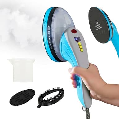 Plancha Vertical Vapor EFFEKTIV TurboVapor 1050X, Vapor Continuo Potente-400mg/min, 3en1 Ultra Compacto, 1600W Cepillo de Vapor, Vapor para Ropa Portatil, Depósito 250ml, Suela Teflon,Cable 3m (Blue)