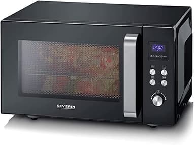 SEVERIN Microondas 2 en 1, microondas con grill y base de vidrio para descongelar y calentar, microondas digital grande para platos cuadrados, negro/acero inoxidable, MW 7763