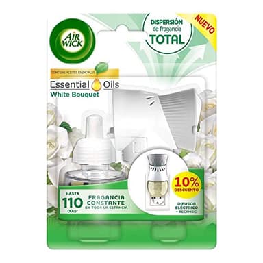 Air Wick Eléctrico Aparato y recambio de ambientador automático eléctrico, esencia para casa con aroma a White Bouquet - 1 Aparato y 1 Recambio, Embalaje puede variar