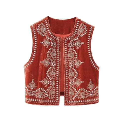 Edhomenn Chaleco de ganchillo para mujer, cuello en V, floral, sin mangas, con botones, vintage, versátil, ropa de calle, 03 Naranja, L