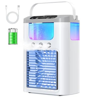 Mini Enfriador de Aire, Aire Acondicionado Portátil con Batería 1200 Amh 600ML Tanque, Climatizadores Evaporativos Función de Frío y Humidificación, 3 Modos, 7 Colores Luz sin Cable para Hogar Oficina