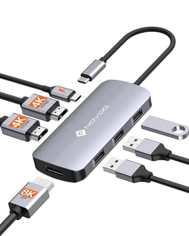 Docking Station USB C con Pantalla Triple, NOVOO 7 en 1 Dual Monitor multiporta Adaptador, DP único 8K@30Hz, HDMI Dual 4K@60Hz, 3 Puertos USB A, PD 100W para MacBook Pro Air M2 M1, DELL, HP, Lenovo