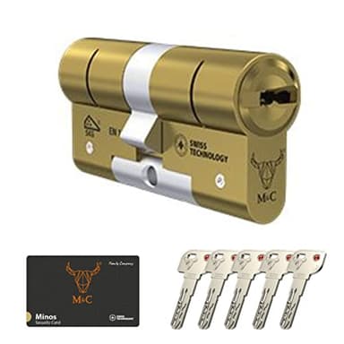 M&C Minos Bombín Cerradura Alta Seguridad Anti Topolino Leva Larga Doble Embrague Certificación Seguridad Máxima SKG 3 Estrellas Anti Bumping Resistente Taladro Color Dorado 5 Llaves Incluidas