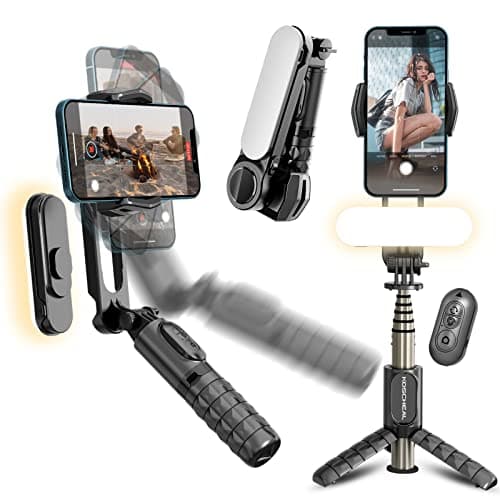 KOSCHEAL Estabilizador de Movil,1-Axis Palo Selfie Estabilizador con Luz de Relleno 360°Rotación con Mando Inalámbrico para Android y iPhone,Ideal para Vlogging,Youtube,TikTok Grabación