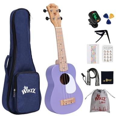 Winzz Ukelele Soprano Infantil, Ukelele Set para Niños y Adulto Principiante, con 9 Accesorios, 21 Pulgadas 4 Cuerdas (Color: Violeta, Madera)