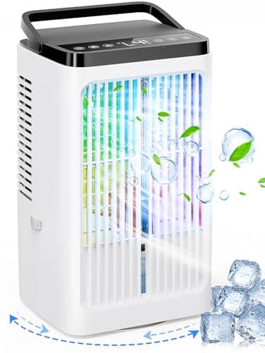 Aire acondicionado portátil - YEBABFIT aire acondicionado 1.2L ventilador personal con 4 velocidades de viento tanque de agua 7 colores 1-8H temporizador de luz 2 función de pulverización