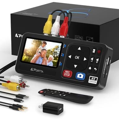 PORTTA VHS to Digital Convertidor, VHS a Digital Grabador con Remote, RCA to HDMI Converter Compatible con VHS, VCR, DVR, DVD, Hi8, Mini DV, Camcorder, Cassette Tape, Gaming Consoles