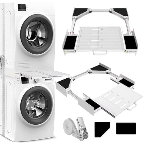 NIUXX Kit de Unión Universal para Lavadoras y Secadoras con Estante Deslizante, Kit de Estantería Apilado Universal con Cuerda de Trinquete, Marco Intermedio Ajustable para Lavadoras de 53-68 cm