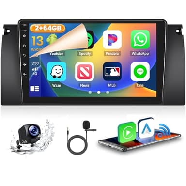 Hikity 2+64GB Android 13 Radio Coche para BMW 5 E39 E53 M5 X5 1996-2007 Autoradio CarPlay Android Auto Inalámbrico Bluetooth Manos Libres Auto Radio con 9" Pantalla Táctil WiFi GPS