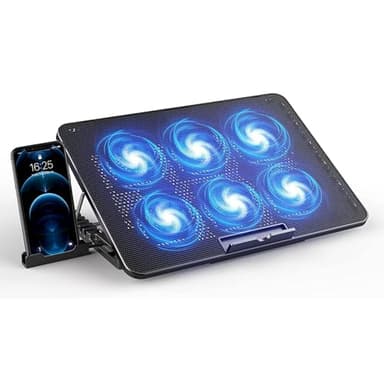 Base Refrigeradora Portátil - Ventilador Ordenador Portatil de 12-17 Pulgadas con Soporte Ajustable 5 Alturas, 6 Ventiladores Silenciosos, 2 Puertos USB, Refrigeración Rápida, Luz LED Azul