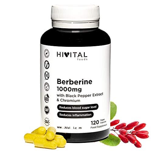 Berberina 1000 mg. 120 cápsulas veganas para 2 meses de tratamiento. Extracto natural de Berberis Vulgaris con Cromo y Pimienta Negra para mejorar la absorción. Fabricado en España por HIVITAL