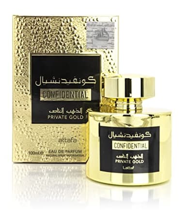 Eau de Parfum CONFIDENTIAL PRIVATE GOLD 100 ml Attar Arabe de Dubai Para hombres y mujeres Una fragancia amaderada con un toque oriental de acentos de almizcle, vainilla y sándalo