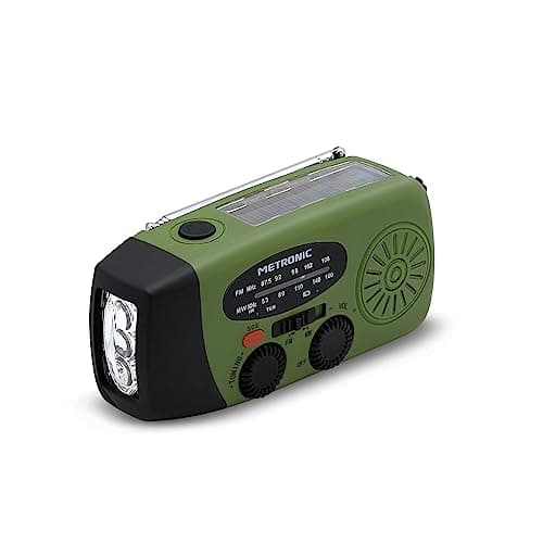 Metronic 477216 - Radio Solar de Emergencia FM/Am con manivela, portátil, función powerbank Solar 2000mAh, Linterna sin Pilas con Dinamo LED, botón SOS, doméstica y de Camping