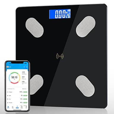 Diboniur Bascula de Baño Digital Precision Inteligente, Balanza Peso Corporal para IOS y Android, Bascula con 12 Indicadores - Peso, Grasa Corporal, Muscular (Negro)