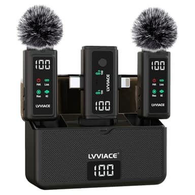 LVVIACE 3 en 1 Micrófono inalámbrico para iPhone, Android, cámara, micrófono de Solapa inalámbrico, cancelación de Ruido con transmisor de 45 Horas, Estuche de Carga con Pantalla Digital