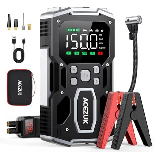 ACEZUK Arrancador de Batería de Coche 6000A, Compresor de Aire 150PSI, 26800mAh Arrancador de Coches para Vehículo(Toda Gasolina o 10L Diésel), 12V Arrancador de Batería con 400-Lumen LED