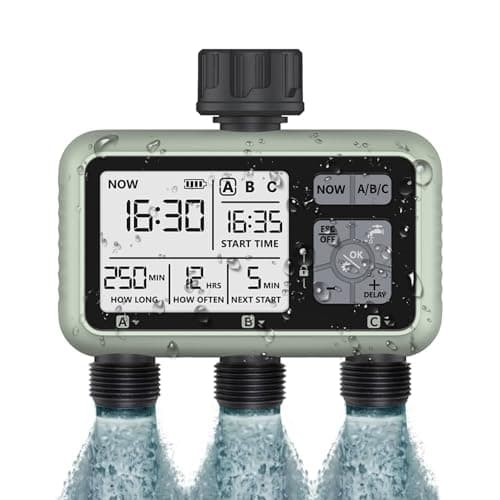 3 Salidas Programador Riego Automático,Johgee Programador de riego, Sistema de riego Controlador/Modo de Bloqueo para niños/Modo automático y Manual/Retraso por Lluvia / IPX5 a Prueba de Agua