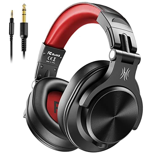 Auriculares OneOdio sobre la oreja, auriculares DJ con cable, auriculares HiFi de estudio con puerto compartido para monitor de grabación AMP de guitarra de piano e-drum (Rojo2)