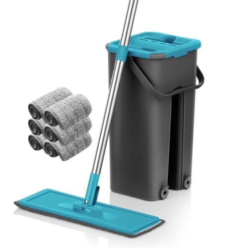 Fregona Mopa con Cubo Escurridor Mopa para Limpiar Azulejos Paredes Suelos Fregona Plana Cubo Mopa con 6 Almohadillas Autoescurrible Parquet Madera Ventanas Mop Bucket Trapeadora