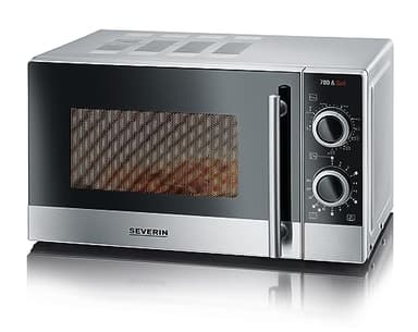 SEVERIN Microondas con grill 2 en 1 de 700 W, horno microondas con 9 ajustes de potencia, microondas potente, rejilla y plato giratorio, plateado/negro/acero inoxidable, MW 7874