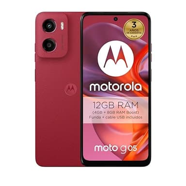 Moto g05,12GB (4GB+8GB RAM Boost)/64GB Rojo, España, Pantalla superbrillante de 6.67", Sistema de cámaras de 50 MP, Modo Retrato con IA, Cuero Vegano, Corning® Gorilla® Glass 3, batería 5200 mAh