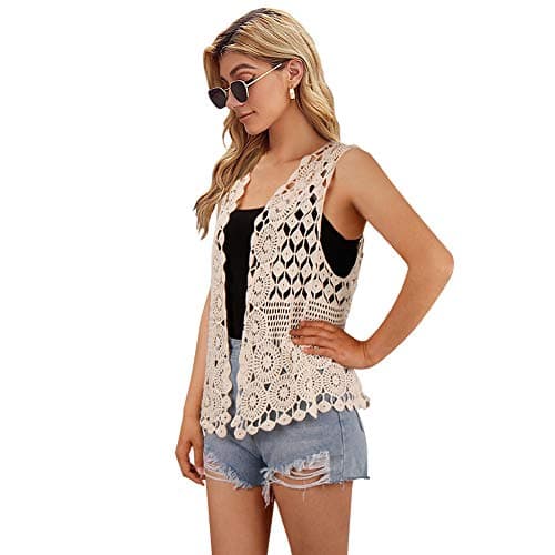 Cárdigan de encaje floral de ganchillo para mujer, sin mangas, con frente abierto, Beige, Talla única